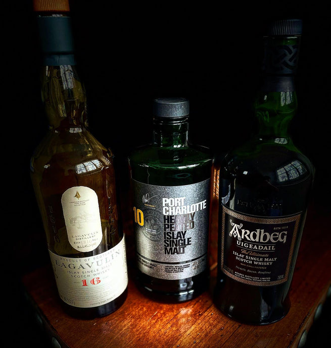 Favorite Islay whiskies: Lagavulin 16, Bruichladdich Port Charlotte 10, and Ardbeg Uigeadail
