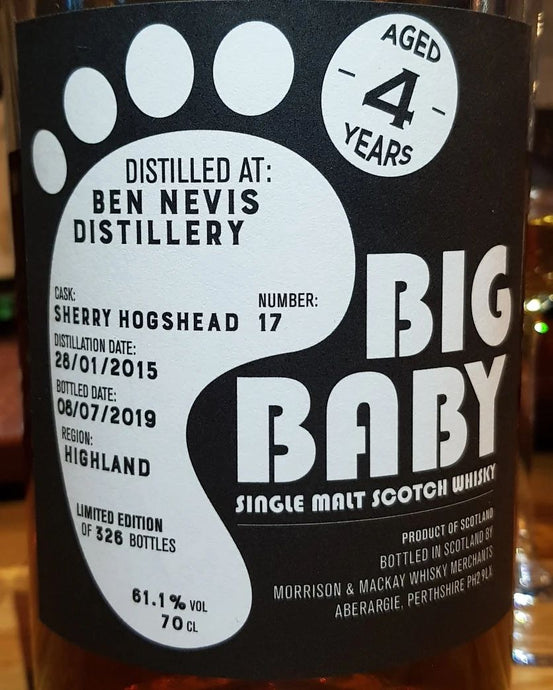 Ben Nevis 4 Year Old, 2015-2019, Big Baby, Morrison & MacKay, Sherry hogshead no. 17, 326 bottles, 61.1% abv.