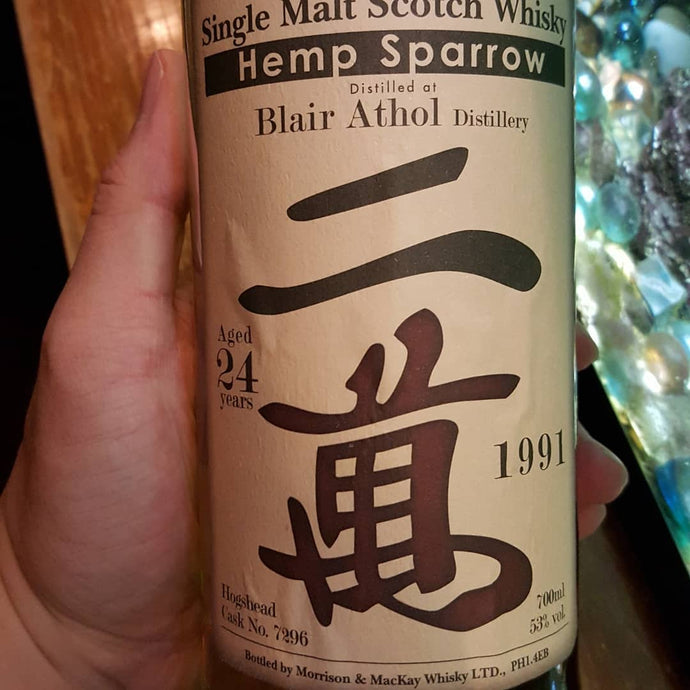 Blair Athol 24, d.1991, Hemp Sparrow, Two Ten-Thousand, Bottled by Morrison & MacKay Whisky, Hogshead No. 7296, 251 bottles, 53% abv.