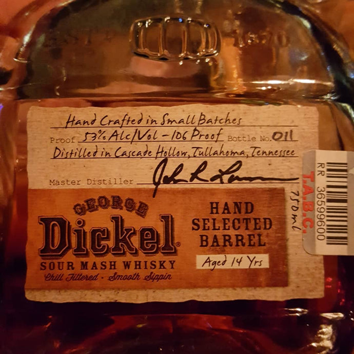 George Dickel Sour Mash Whisky Hand Selected Barrel, 14yo, Bottle No. 011, 53% abv.