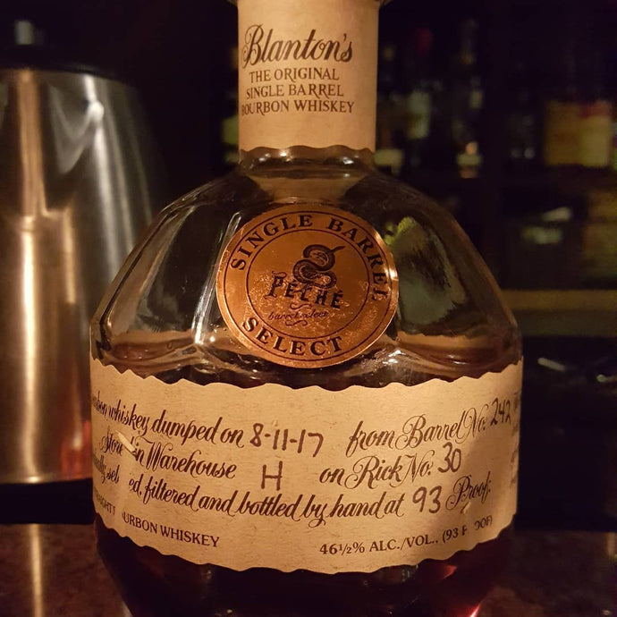 Blanton's, Peche Single Barrel Pick, Dump Date: 8-11-17, from Barrel No. 242, stored in warehouse H on Rick No. 30, Registered Bottle No. 220, 46.5% abv.