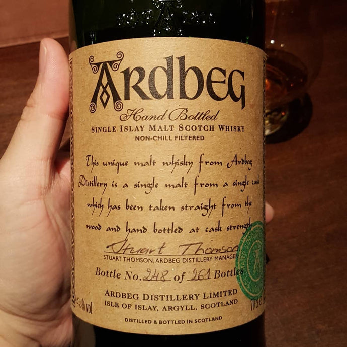 Ardbeg hand bottled, 23 years old, 1975-1999, Sherry cask no. 4702, 248/961, 45.2% abv.