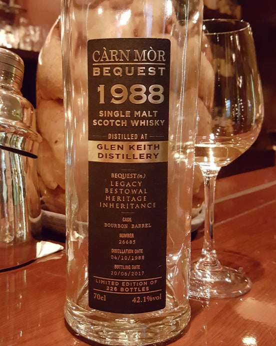 Glen Keith 28, 1988-2017, Càrn Mòr Bequest, Bourbon barrel no. 26685, 226 bottles, 42.1% abv.