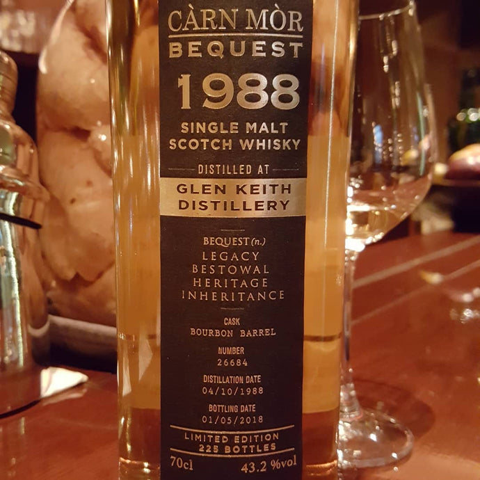 Glen Keith 1988, 29 years, Càrn Mòr Bequest, Bourbon Barrel Number 26684, 225 bottles, 43.2% abv.