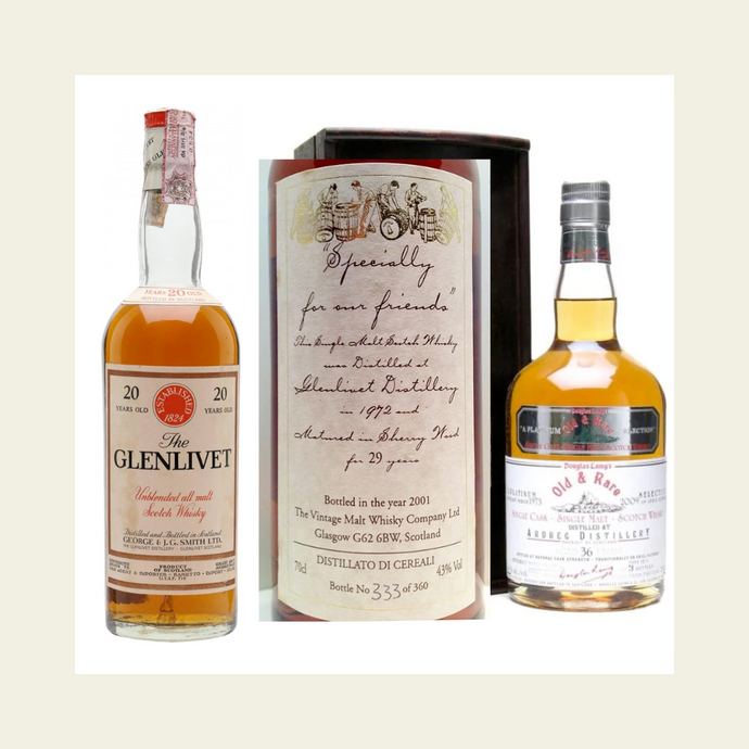 Three Old School Scotch: Glenlivet 20 Year Old Baretto Import (45.7% ABV), Glenlivet 1972 Vintage Malt Whisky Co. 29 Year Old (43%), Ardbeg 1973 36 Year Old Douglas Laing Old & Rare Platinum (44.7%)