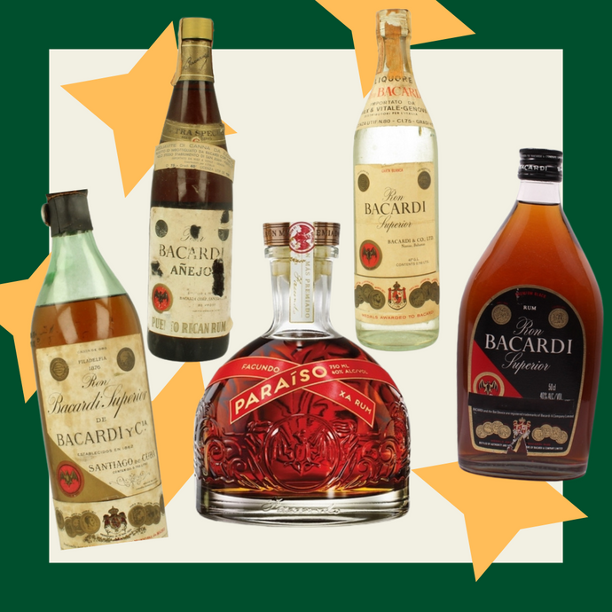 Taste Testing Bacardi Rums Through The Ages: Bacardi Facundo Paraiso; Bacardi Anejo c.70’s / c.80’s; Bacardi Carta de Oro c.40’s / c.50’s; Bacardi Carta Blanca c.80’s; Bacardi Premium Black 80’s