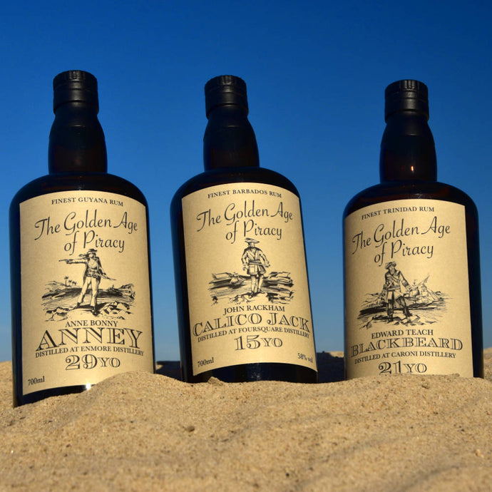 The Golden Age of Piracy Rums by Distilia - Foursquare 2005, “Calico Jack”; Caroni 1999, “Blackbeard”; Enmore 1992, “Anney”