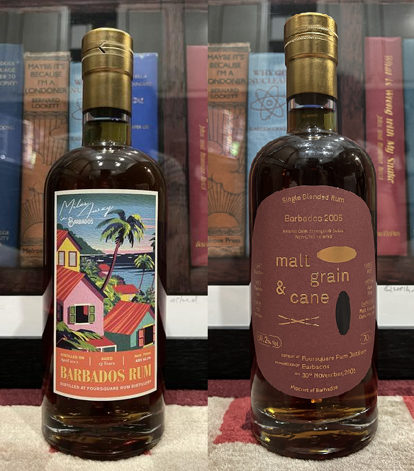Two Local Foursquares: Malt, Grain and Cane (MG&C) Foursquare 2005 (15 years) & Barbados Rum 2007 for Malt Grain Cane & Miles Whisky Bar (13 years)