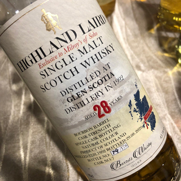 Glen Scotia 28 Year Old, Highland Laird, 1992, 43.3% ABV, Bottled for Milroy's of Soho